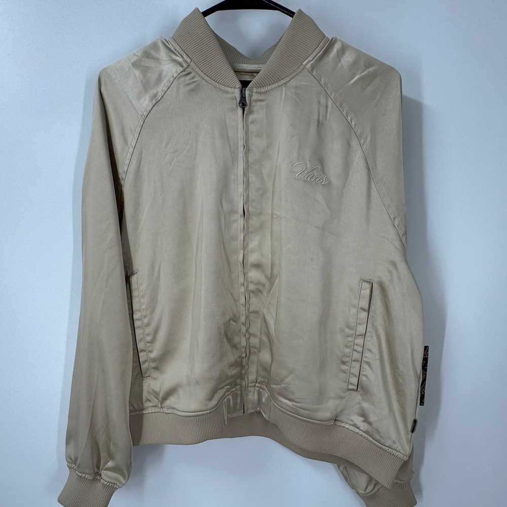 Vans Womens Satin Bomber Jacket Champagne Beige Embroidered Logo Zip Up Skater